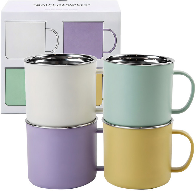 Dailylike 粉彩色 不鏽鋼 馬克杯 300ml, 白色+紫色+薄荷綠+黃色, 4個