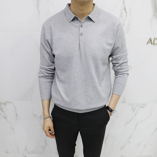 아도르클래식 남성용 버튼 카라 헨리넥 캐시미어 긴팔 니트 ZR