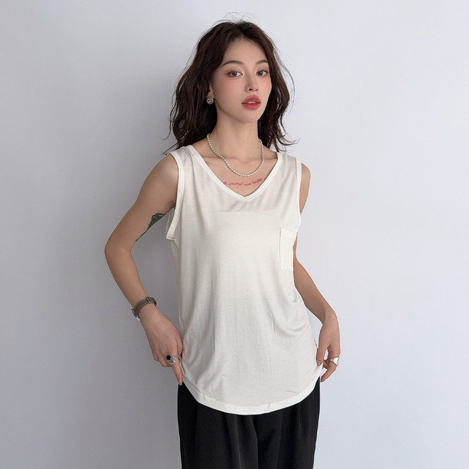 더시럽 여성용 통기성 모달 포켓 디테일 슬림 민소매