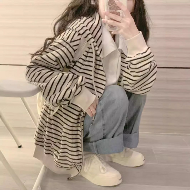 DMELD 女款條紋連帽針織外套
