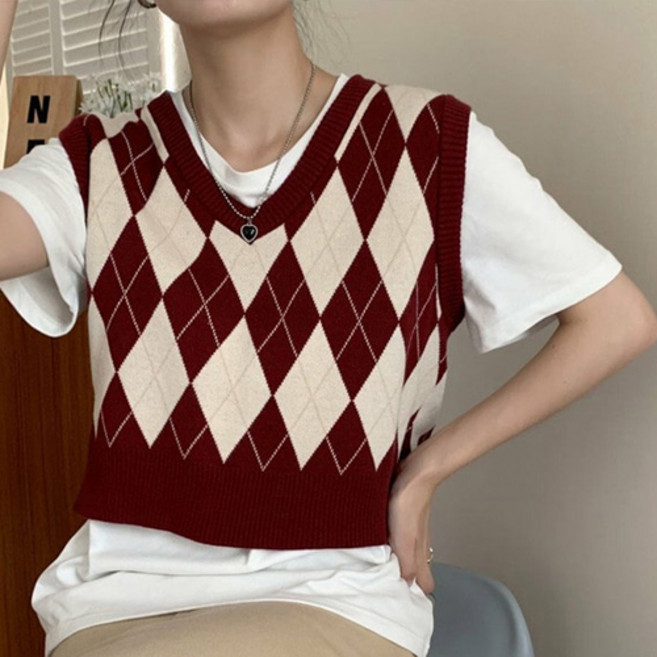 더플로우커머스 여성용 레트로 아가일 브이넥 크롭 니트 베스트