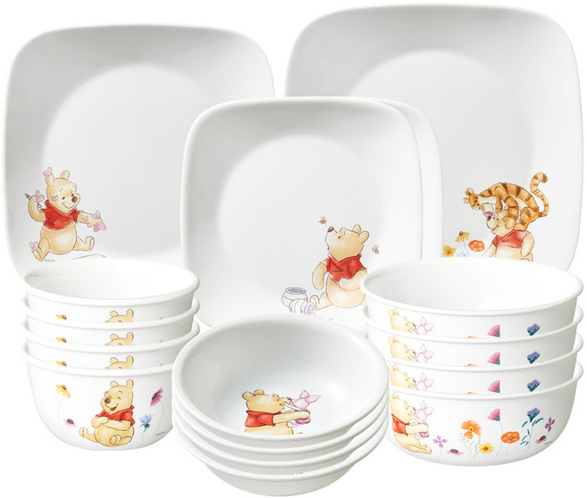 코렐 곰돌이 푸 사각 4인 홈세트 16p, 혼합색상, 6종, 16개