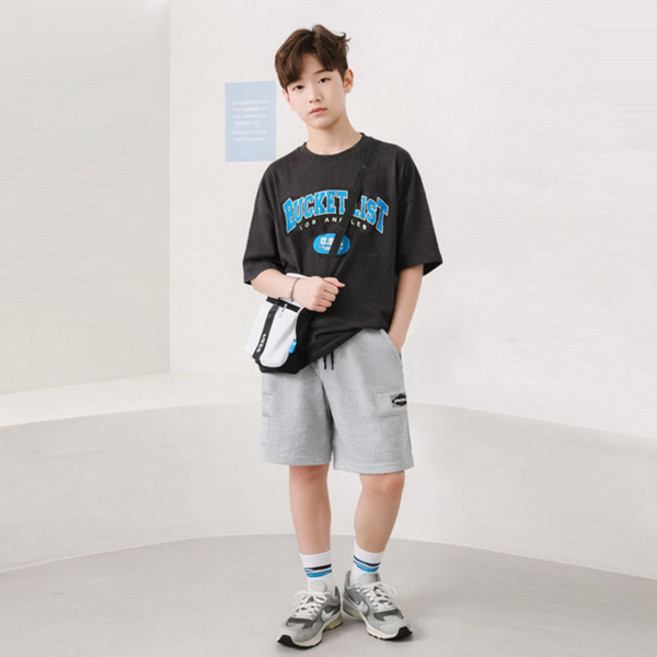 나나주니 아동용 라운드넥 버킷 유니크 5부 바지 + 반팔 티셔츠 세트