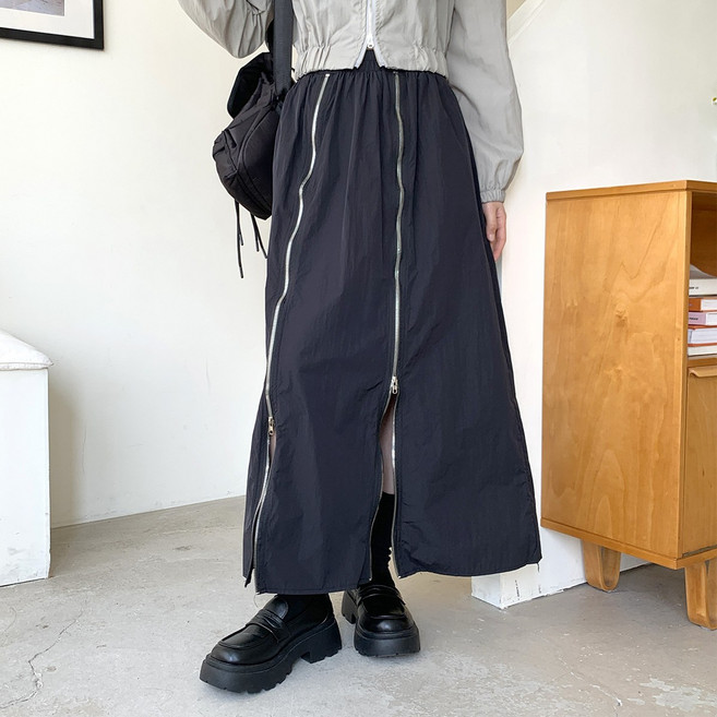 시크블랙 포유어 허리밴딩 투 지퍼라인 포인트 바스락 롱 스커트 cpsk6254k42