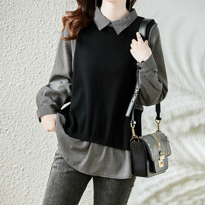 시크힐즈 여성용 빅사이즈 이벨라 체크 카라 레이어드 셔츠 11032