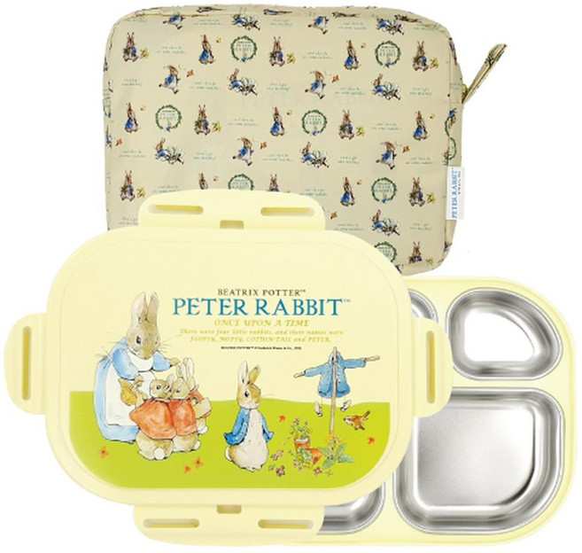 彼得兔功能性鎖扣不鏽鋼便當盒組, 餐盤 + 便當蓋 + 便當袋, 1件, 象牙白