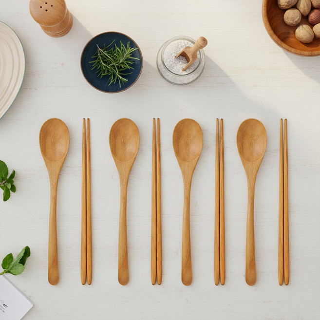 파뷔에 티크 원목 항균 수저 4인세트, 우드, 1세트, 숟가락 4p + 젓가락 4p