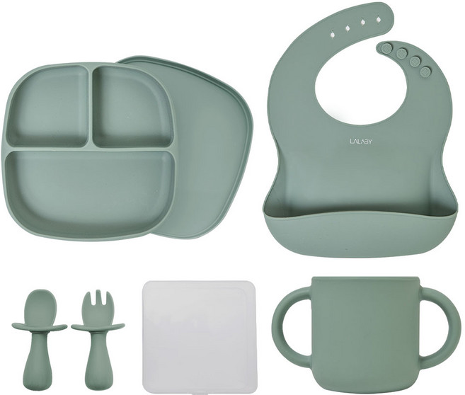랄라비 아이주도 이유식 식기 4종 세트, Green, 흡착식판 + 키즈 스푼포크세트 + 실리콘 컵 + 턱받이, 1세트
