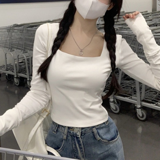 디멜디 여성용 스퀘어넥 슬림핏 여성스러운 긴팔 티셔츠