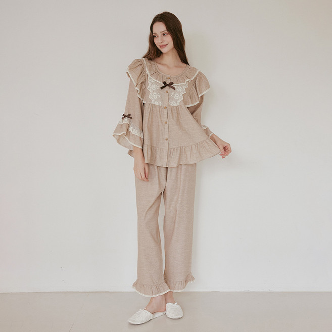 루나루즈 여성 힐링라이트 코튼 긴소매 라운드넥 투피스 잠옷