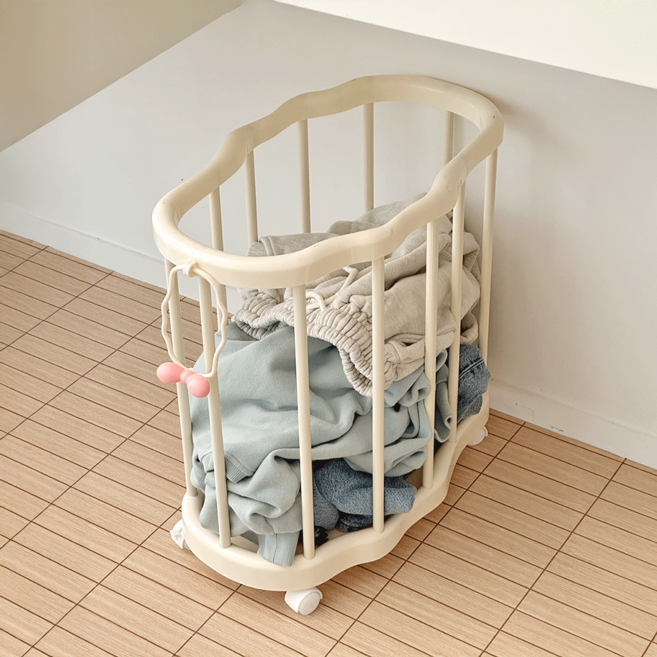 데미무드 리본 물결 이동식 틈새 빨래바구니, 크림