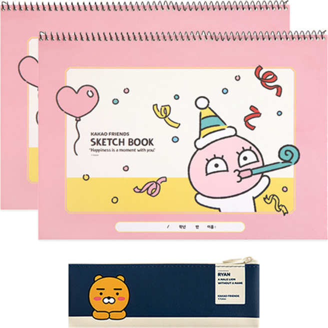 KAKAO FRIENDS 迷你扁平鉛筆盒 + 快樂時光素描本 2入, 1套, 萊恩(鉛筆盒), 屁桃(素描本)