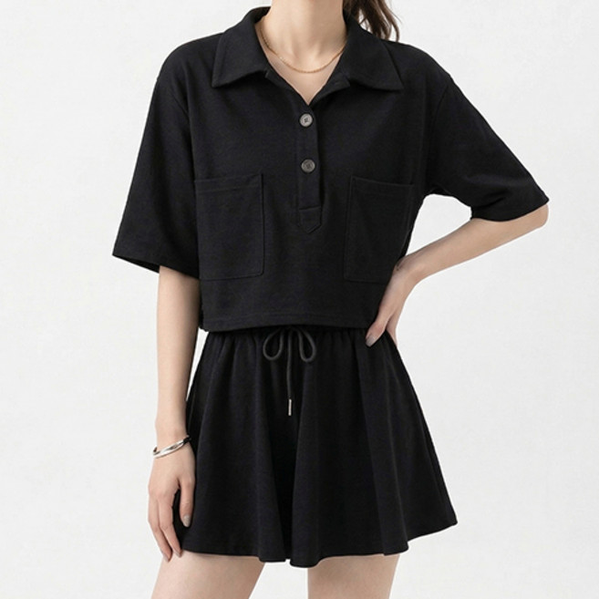 아이캔심플 여성용 꾸안꾸 데일리 카라 반팔 + 반바지 세트