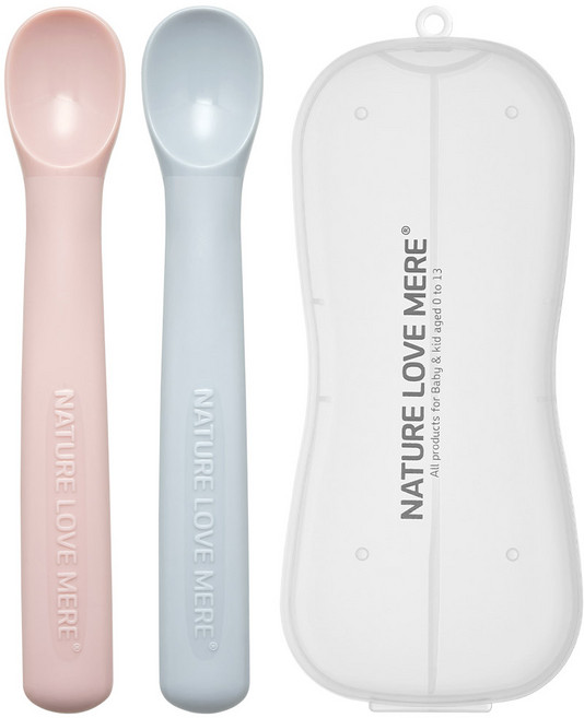 네이쳐러브메레 유아용 이유식 스푼 2단계 2종 + 케이스 세트, 소프트핑크, 소프트그레이(스푼), 1세트