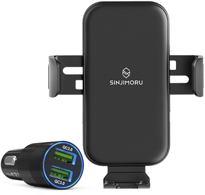 신지모루 오 그랩 엑스 차량용 무선 충전거 핸드폰 거치대 + 고속충전 퀄컴3.0 듀얼포트 차량용 충전기, 블랙