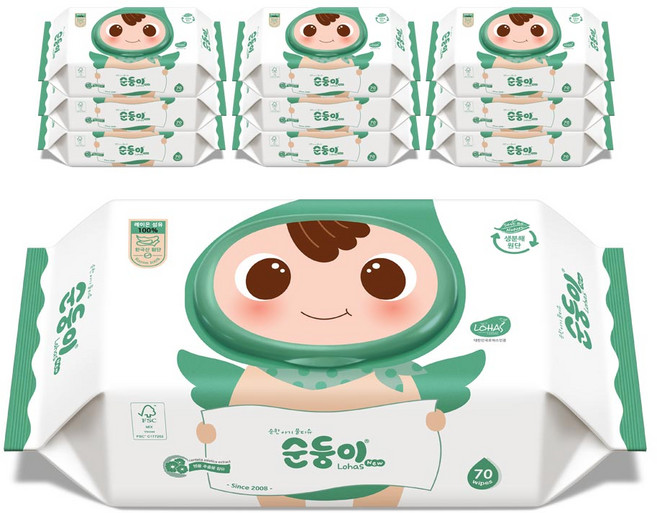 순둥이 로하스 아기물티슈 캡형, 75g, 70매, 10세트