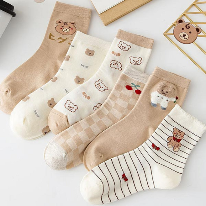 워더미 여성용 키치 곰돌이 송치 프린트 중목 양말 6종 세트 W452
