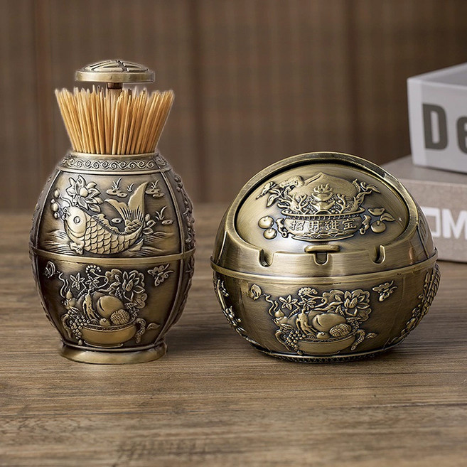 아티홈 럭셔리 풍수 재물 이쑤시개 케이스 + 재떨에 세트, 골드, 1세트