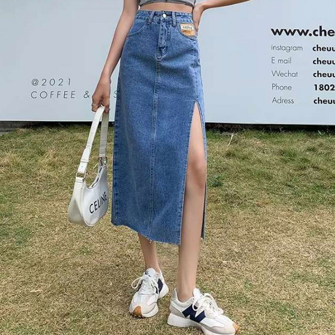 TheSirup 女款側邊深開衩牛仔長裙