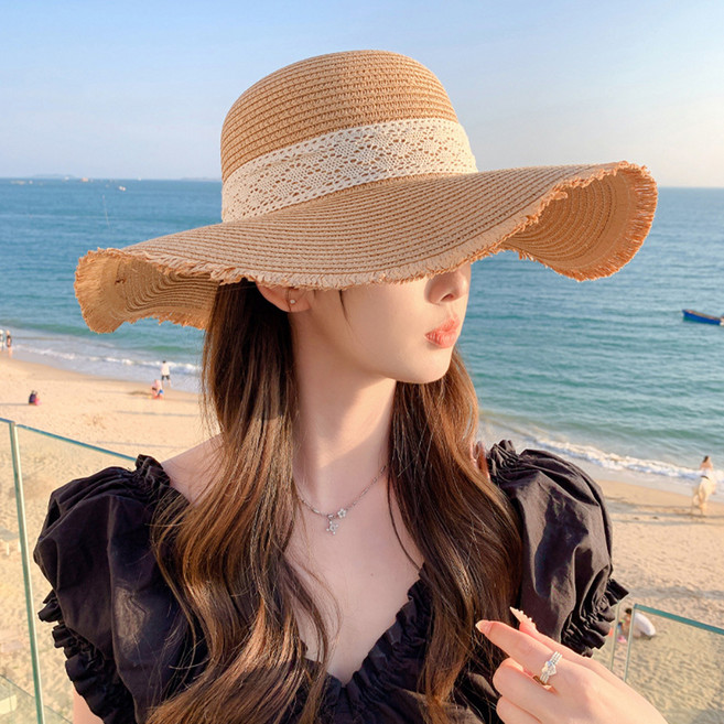 디멜디 여성용 레이스 스트랩 웨이브 밀짚모자