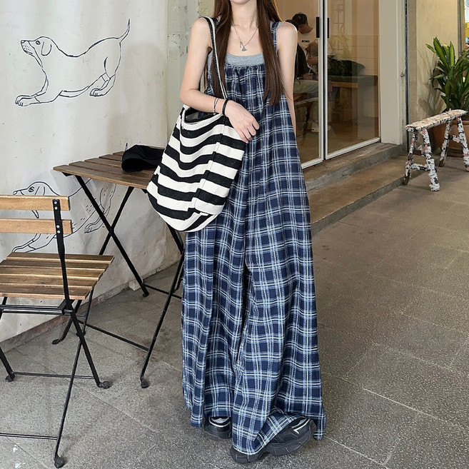 메이첼 여성용 빈테일 체크 와이드 뷔스티에 점프슈트 10398