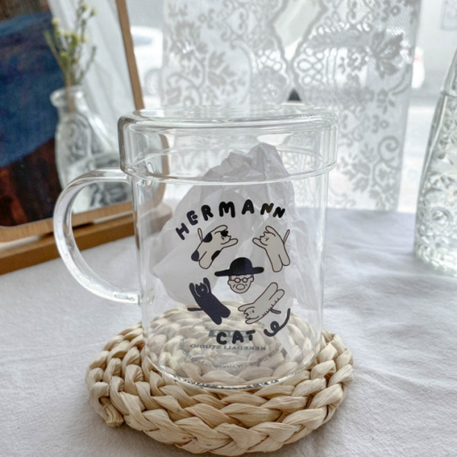 다파랑 화가와 고양이 투명 손잡이 내열유리 유리컵 420ml + 뚜껑 세트 HJ0087, B형, 1세트