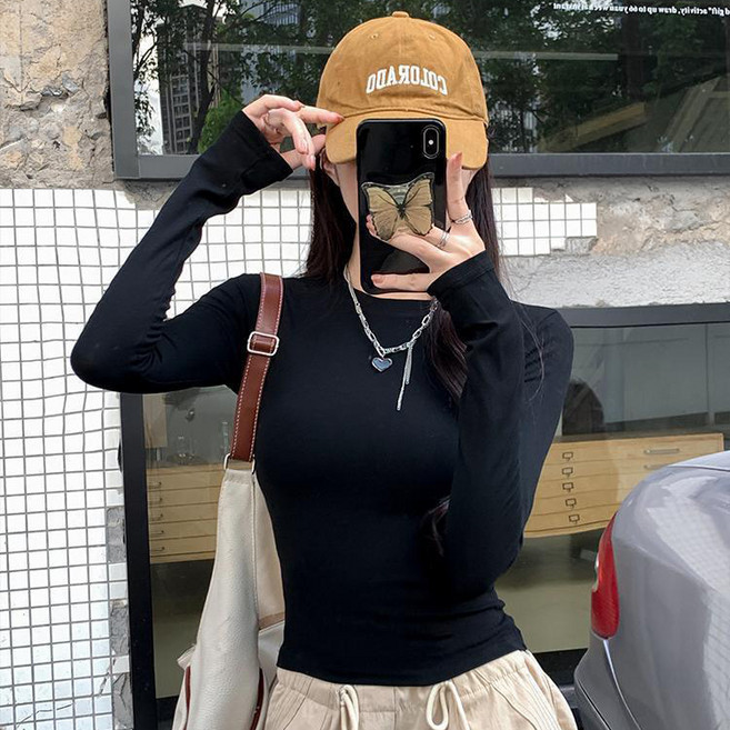 디멜디 여성용 슬림핏 라운드넥 봄 긴팔 티셔츠