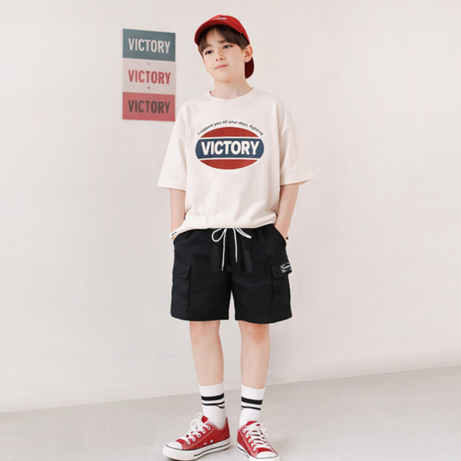 나나주니 아동용 라운드넥 빅토리 유니크 5부 바지 + 반팔 티셔츠 세트