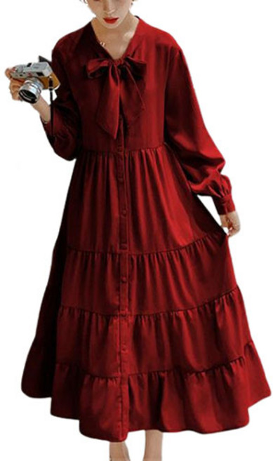 리온 여성용 리본 프릴 단추 외출 임산부 원피스 HR341