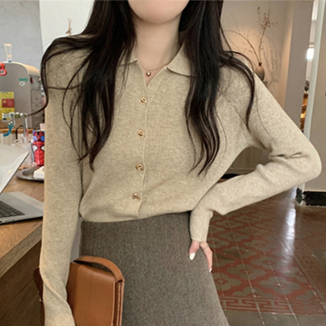 파라다이소 여성용 프렌치 무드 골지 폴로 니트 가디건