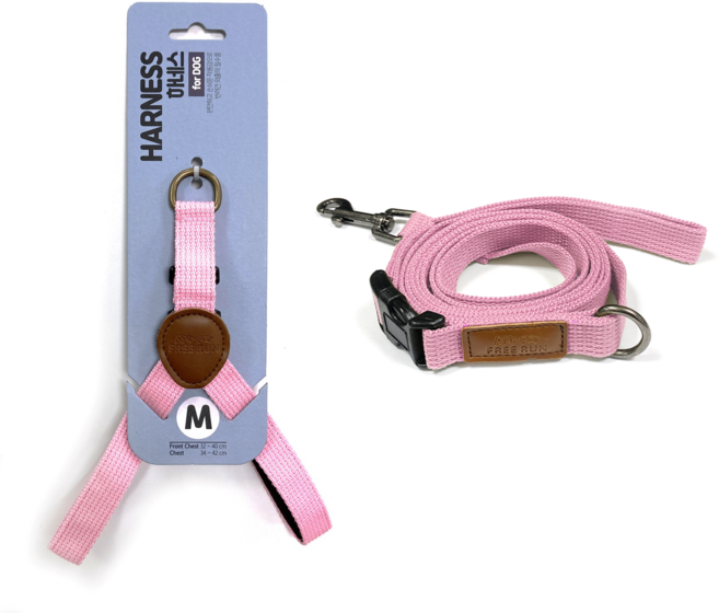 반려견 Y형 심플 하네스 M + 리드줄 145cm 세트, 핑크, 1세트