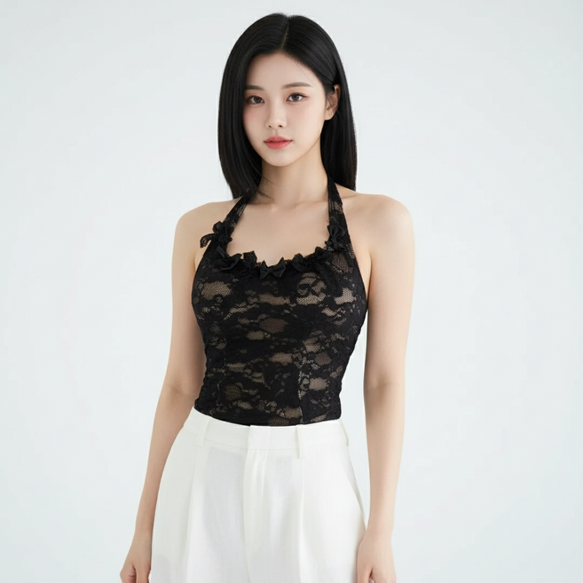 마켓피아 여성용 레이스 홀터넥 리본 슬림핏 나시