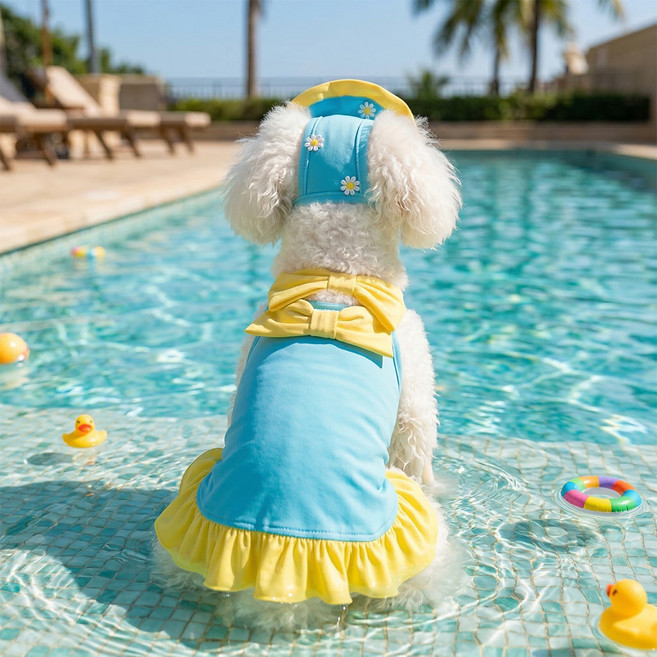 웨이비데이즈 반려동물 데이지 투리본 원피스 수영복 + 모자 세트 W265-0158BUM, 블루, 1세트