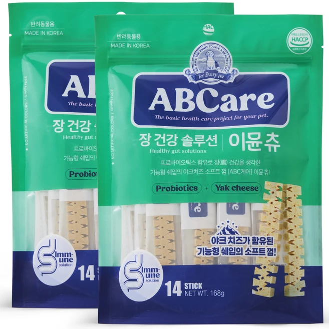 에이비씨케어 강아지 장 건강 솔루션 기능성 소프트 츄 덴탈껌 14p, 야크치즈, 168g, 2개 - 쿠팡
