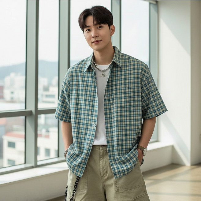 닷이프 남성용 여름 포켓 체크 반팔 셔츠 D263-0503