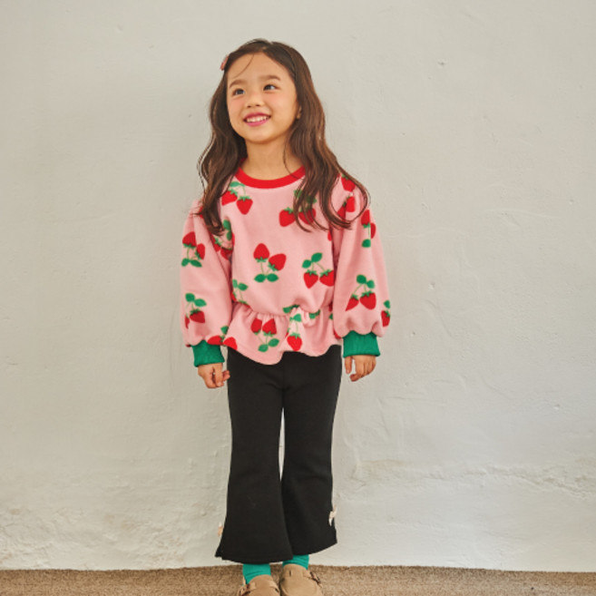 키키모라 여아용 후리 딸기 셔링 보온 티셔츠