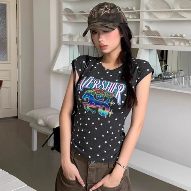 피어니스트 여성용 스타 별패턴 슬림 레인보우 반팔 티셔츠