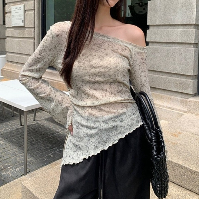 I'M MONG 女款修身單肩大理石紋荷葉邊袖透視長袖T恤 R6F054