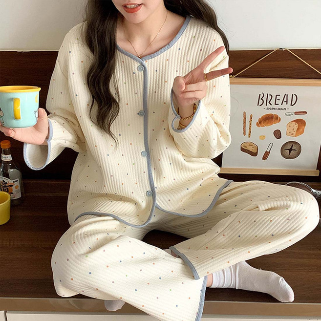 투이스타 여성용 누빔 도톰 V넥 홈웨어 잠옷 상하의 세트