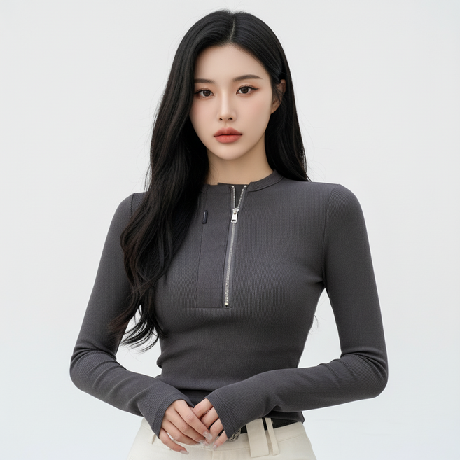마켓피아 여성용 지퍼넥 슬림핏 롱슬리브 티셔츠