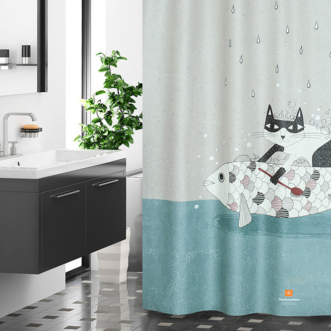 원세븐나인 패브릭 샤워커튼, 트래블링 캣, 1개