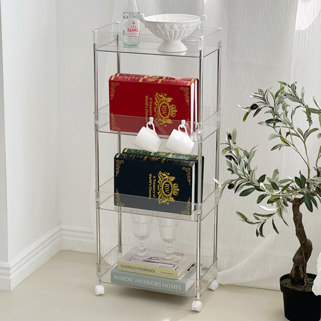 데미무드 글래시 이동식 트롤리 선반 대형, 투명, 1개, 4단
