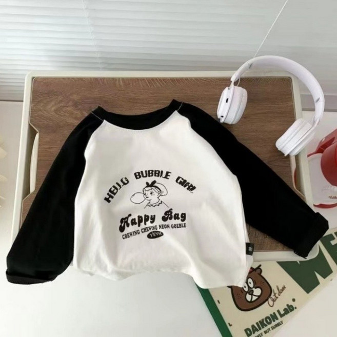 이유몽 아동용 베이직핏 배색 나그랑 프린팅 긴팔 티셔츠 E6S047