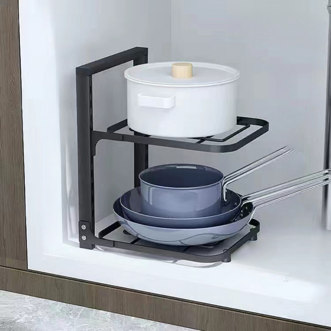 존글로벌 조립형 무타공 후라이팬 냄비 사각 정리대, 2단, 블랙, 1개