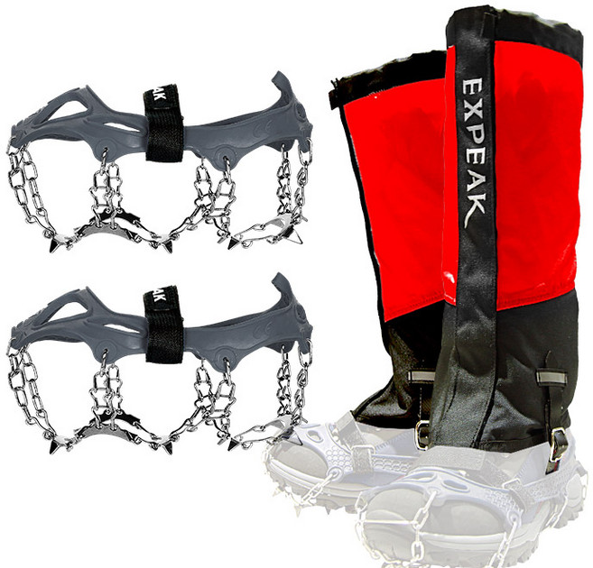 엑스피크 툰드라 13P 아이젠 + 하드케이스 + 피나클 롱스패츠 세트, 그레이(아이젠), 레드(스패츠)