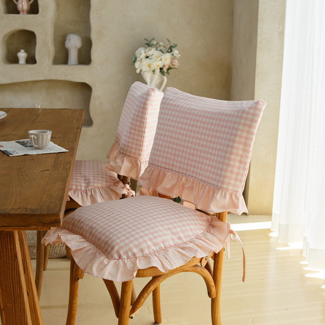 까사스토리 순면 베이직 체크 식탁 의자 등커버, 핑크, 1개