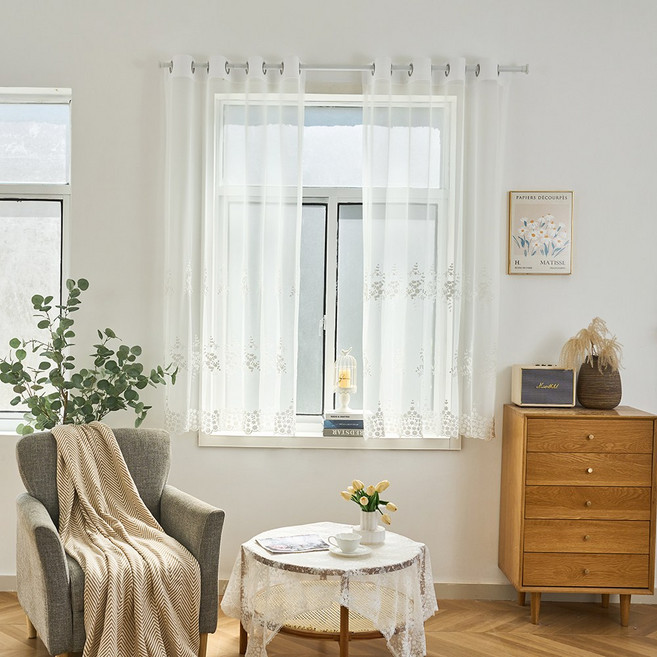 HOME&CHANG Blanc Bell 蕾絲穿環式刺繡窗簾內層紗簾 2入, 白色