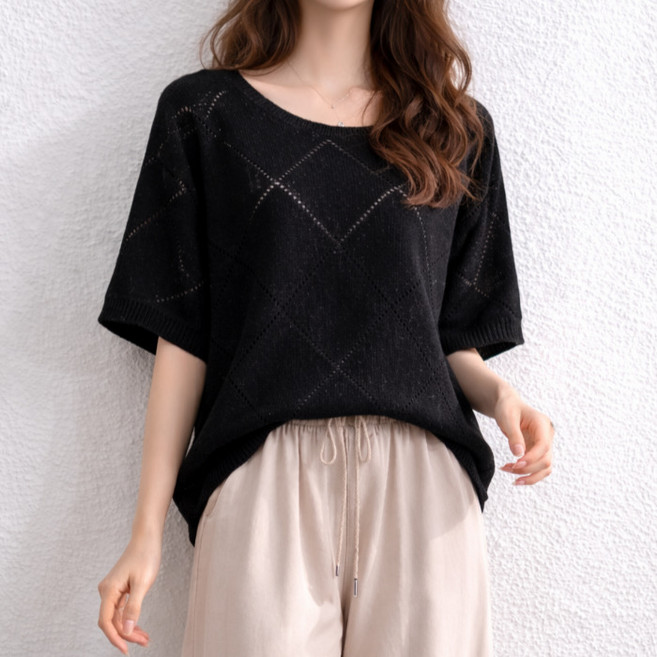 라라온 여성용 펀칭 라운드넥 가오리 반팔 니트 티셔츠 26TSP3943