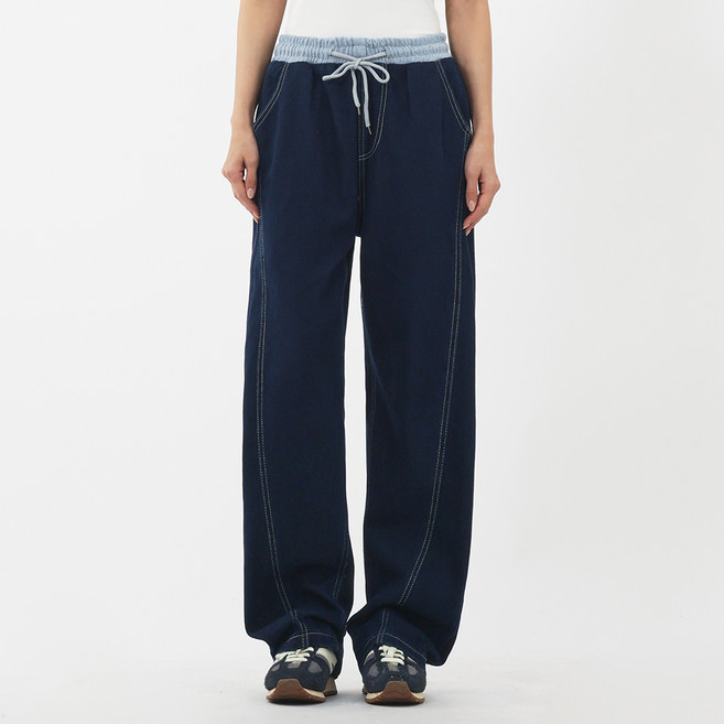 Elsso 女款 Saggling 風鬆緊腰圍車線原色丹寧牛仔褲