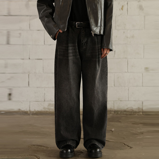 플레이즈 남성용 원핀턱 와이드 벌룬 청바지